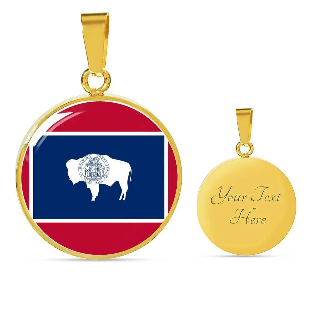 Wyoming State Flag Personalized Engraved Gold Circle Necklace Custom Name Date